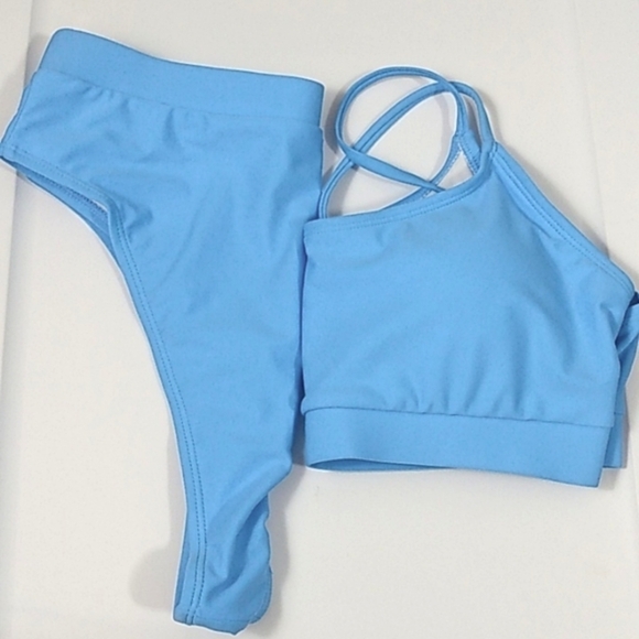 174-SKY BLUE BANDEAU TOP & HIGH WAIST BOTTOM BIKINI SET SIZE LARGE NWOT - Picture 9 of 9